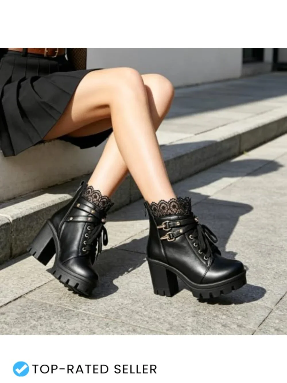 Chunky Platform Ankle Boots with Lace and Buckle, Side Zipper, PU Leather